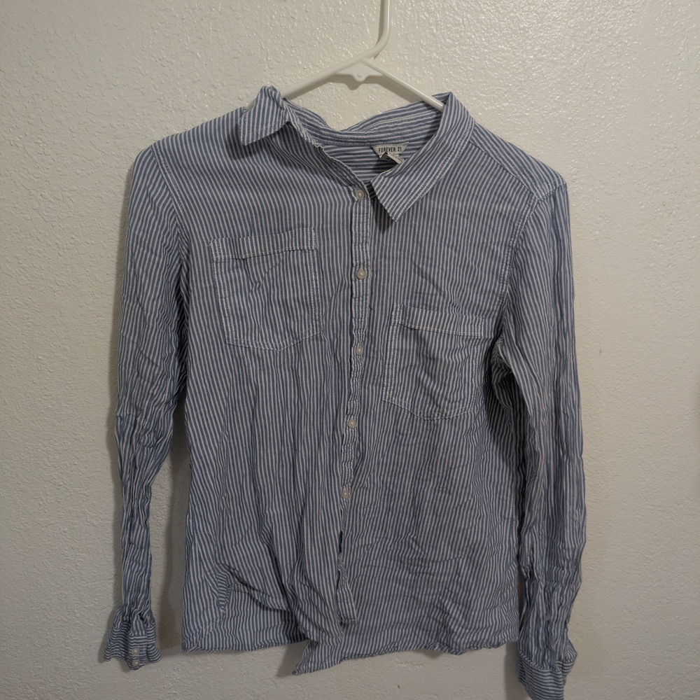 Forever 21 Blue and White Striped Casual Button-Down Shirt